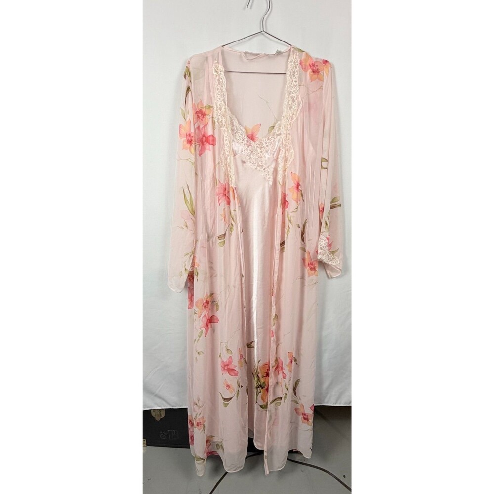 Valerie Stevens Robe Set Pink Floral Maxi Nightgown Beaded Lace Bridal Large/XL